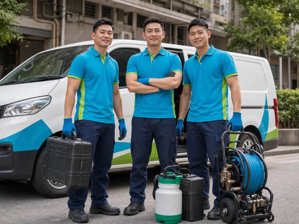 Design illustration of drain call-out workers and a service vehicle