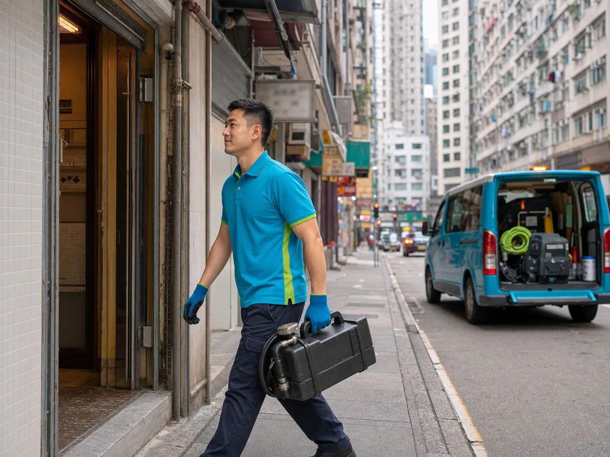 Design illustration of a drain call-out near older buildings in Mong Kok