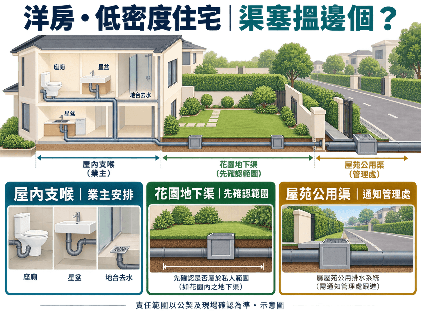 Illustration of private and shared drain responsibilities by building and tenure type