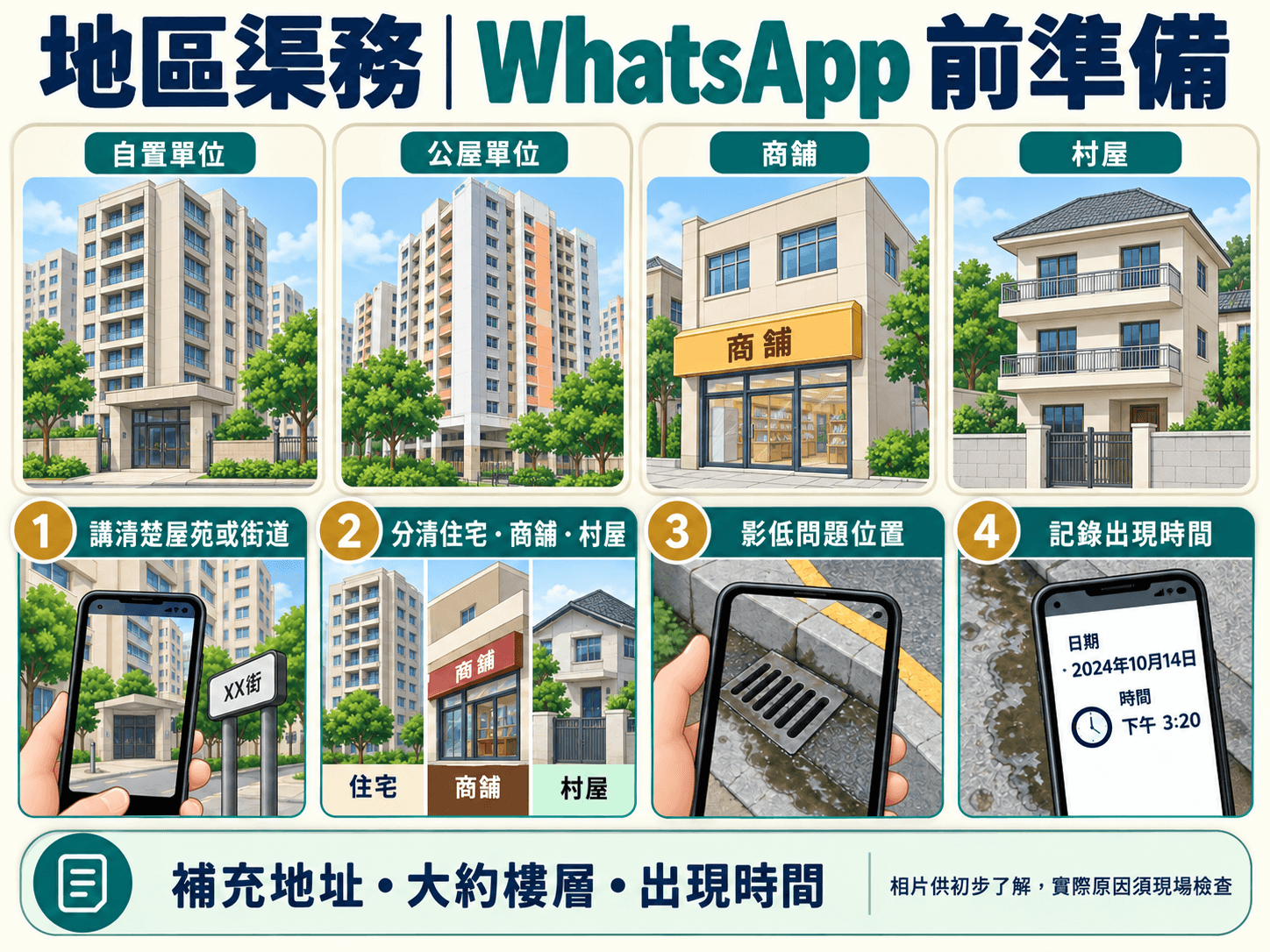 按樓宇類型準備 WhatsApp 渠務查詢相片及資料的示意清單