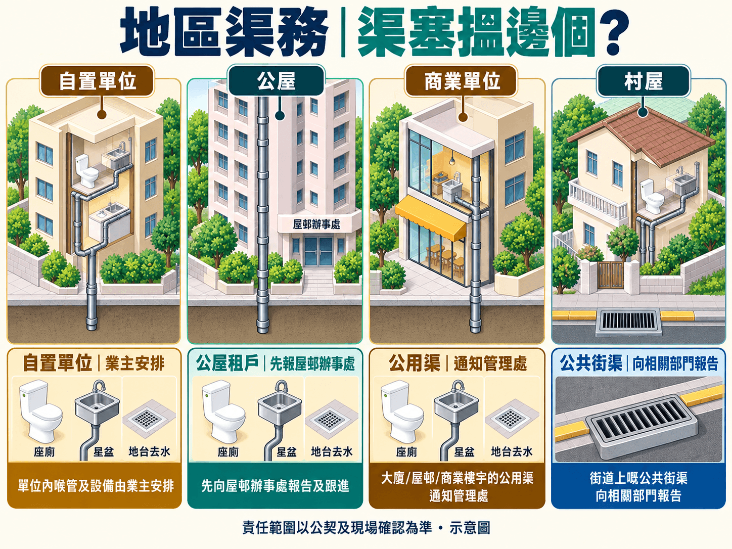 按樓宇及業權類型分辨單位支喉與公用渠責任的示意圖