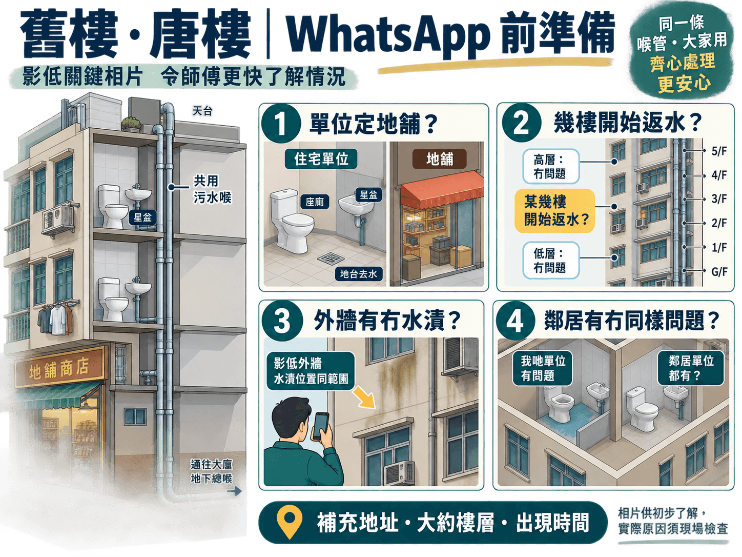 Illustrated photo and information checklist for a WhatsApp drain enquiry by building type