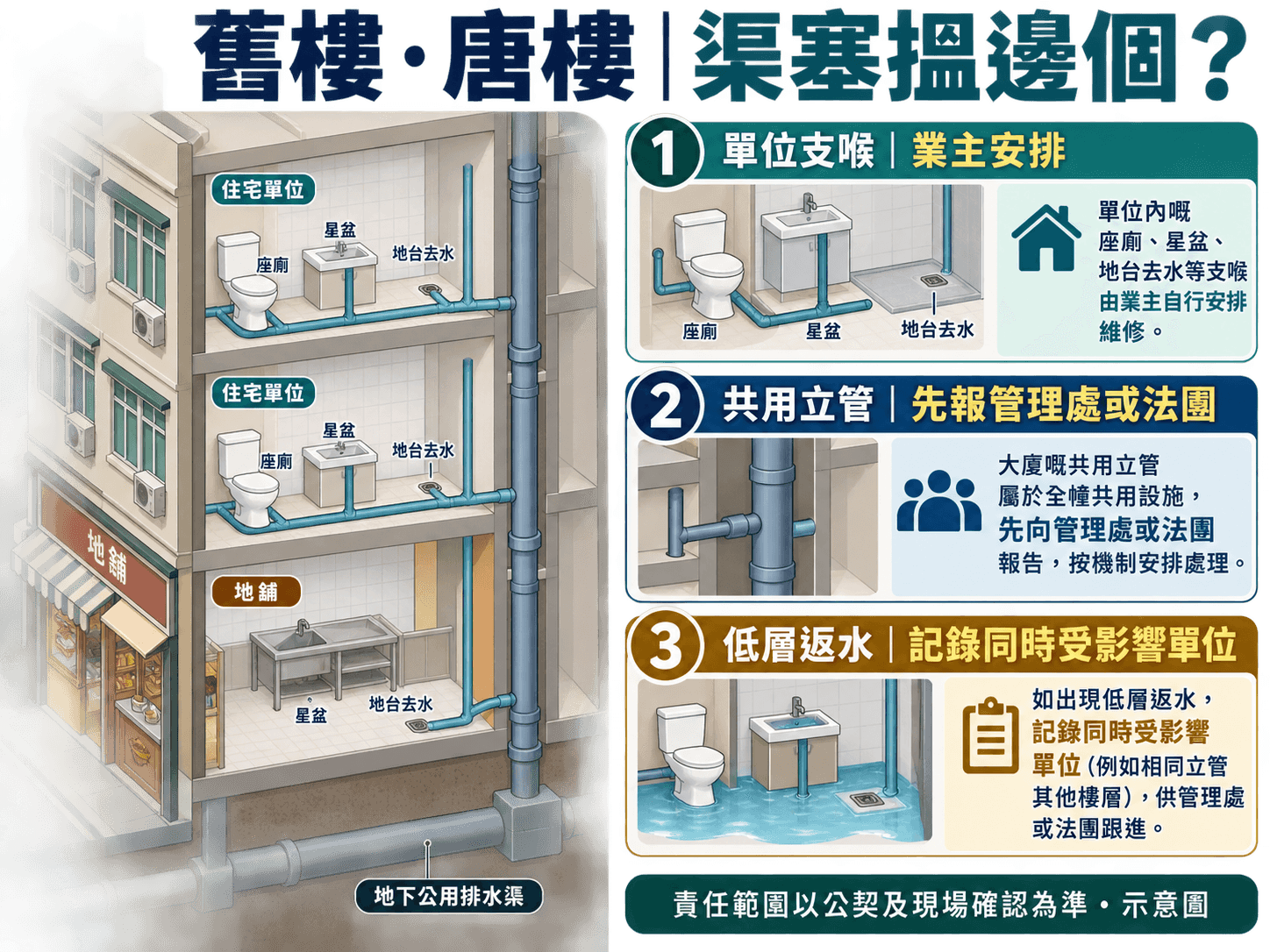 按樓宇及業權類型分辨單位支喉與公用渠責任的示意圖