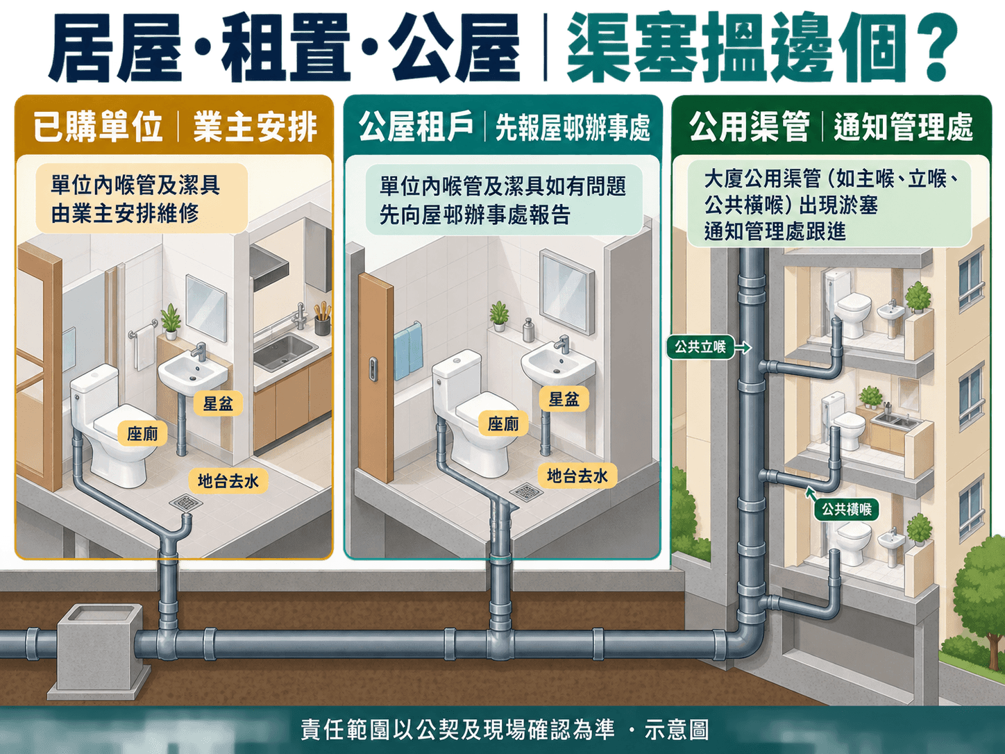 按樓宇及業權類型分辨單位支喉與公用渠責任的示意圖
