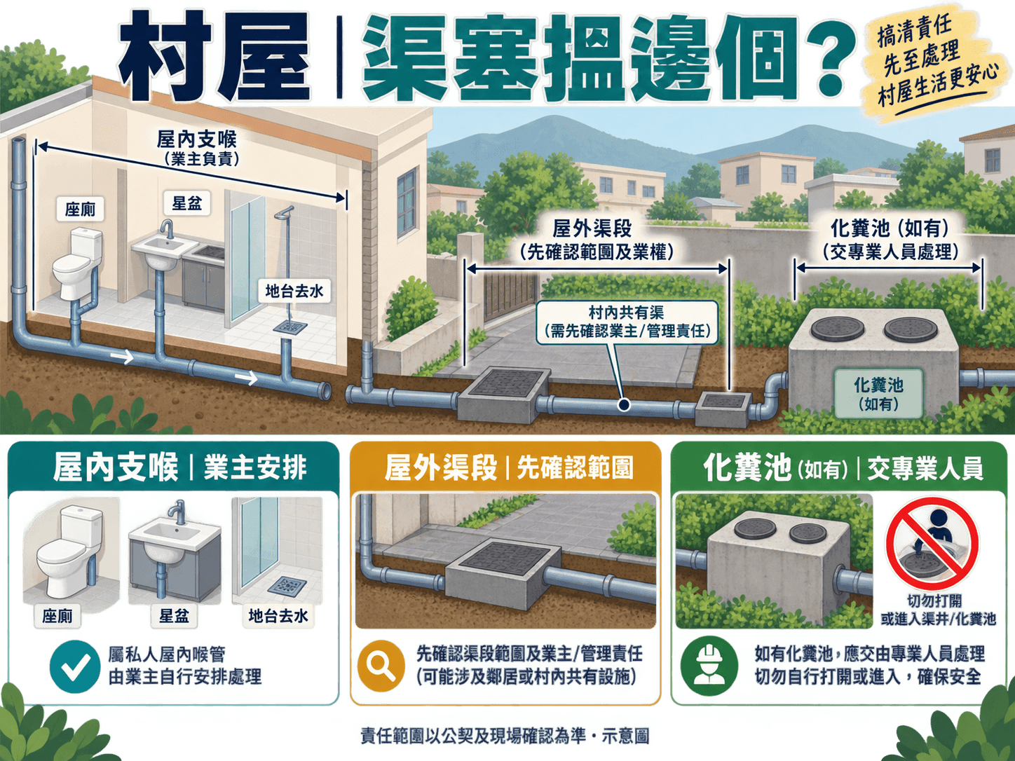 Illustration of private and shared drain responsibilities by building and tenure type