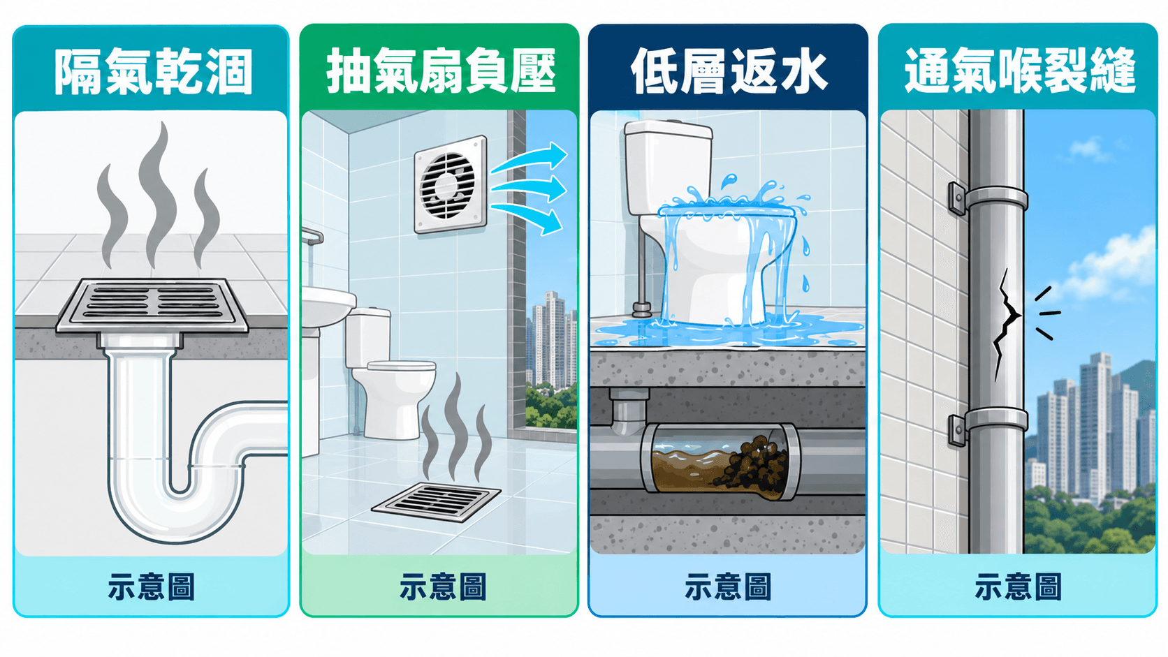 浴室地台去水隔氣有水封與乾涸時渠氣倒流的對比示意圖