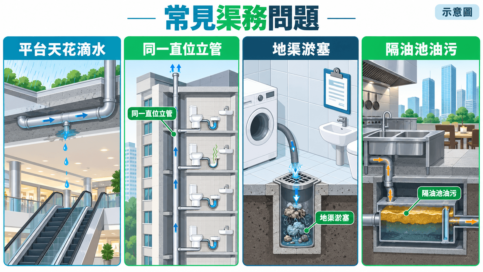 九龍灣私樓、居屋、公屋及商廈常見渠務問題示意圖