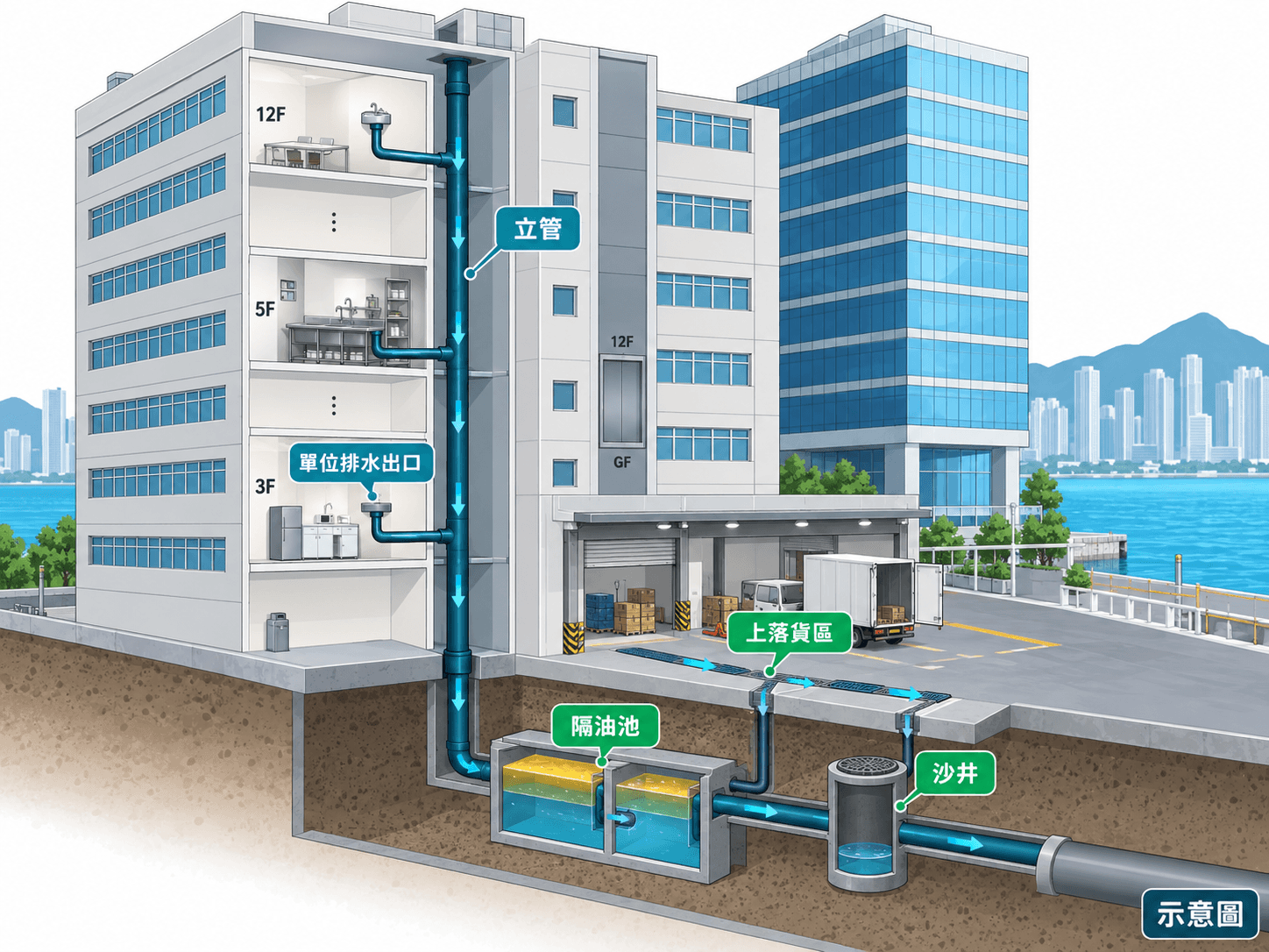 Cutaway illustration of unit drain outlets, a stack and main drain in a flatted factory building