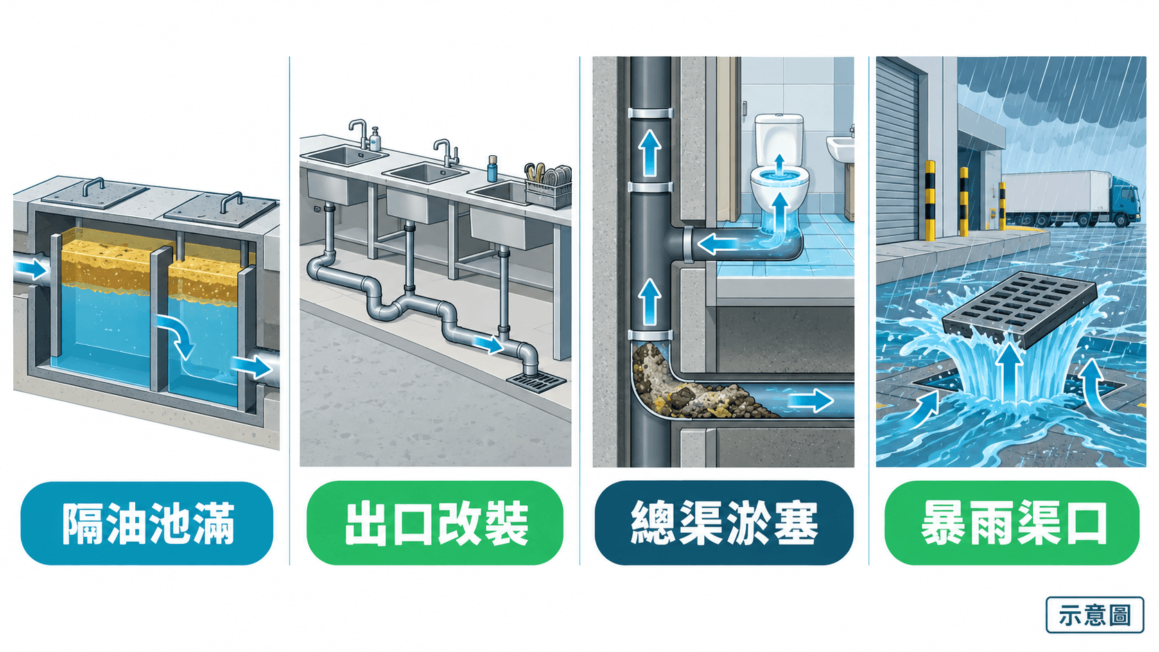 工商廈隔油池、單位出口、總渠及暴雨渠口問題示意圖