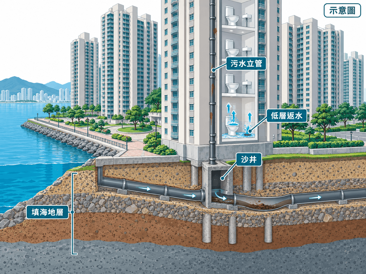 Cutaway illustration of a waterfront tower's soil stack, low-floor fixtures and underground drain on reclaimed ground