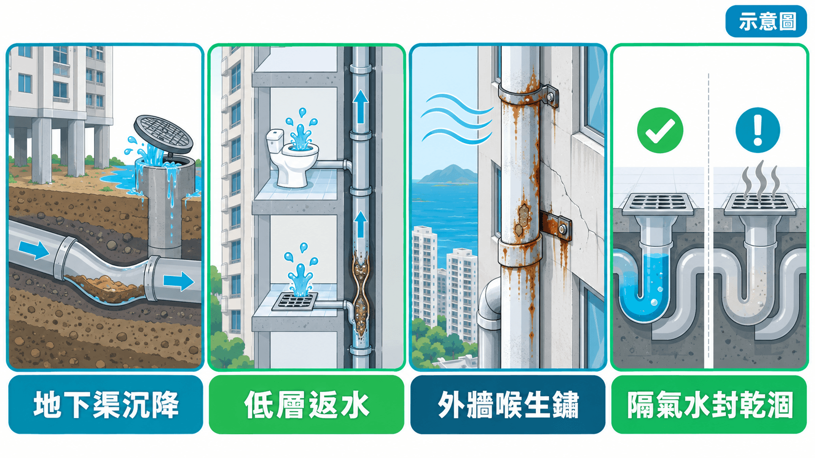 Illustration of four issues: settling drains, low-floor backflow, rusting external pipes and dry traps