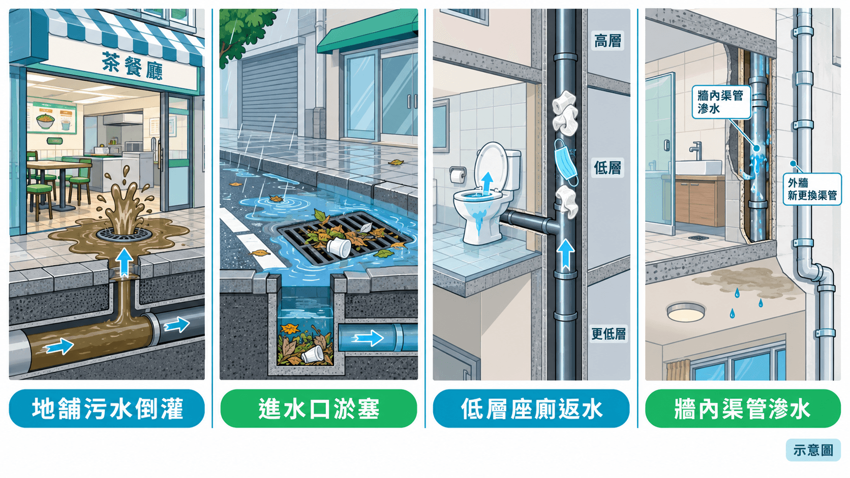 地舖倒灌、進水口淤塞、公屋低層返水及牆內渠管滲水示意圖