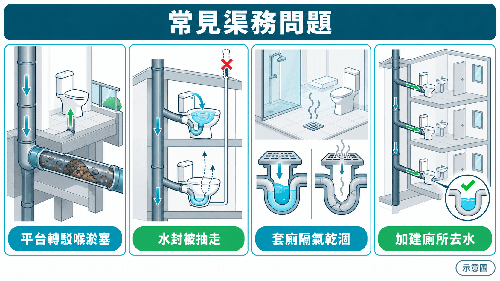 Illustration of four drain issues: podium transfer pipes, lost water seals, dry traps and added toilets