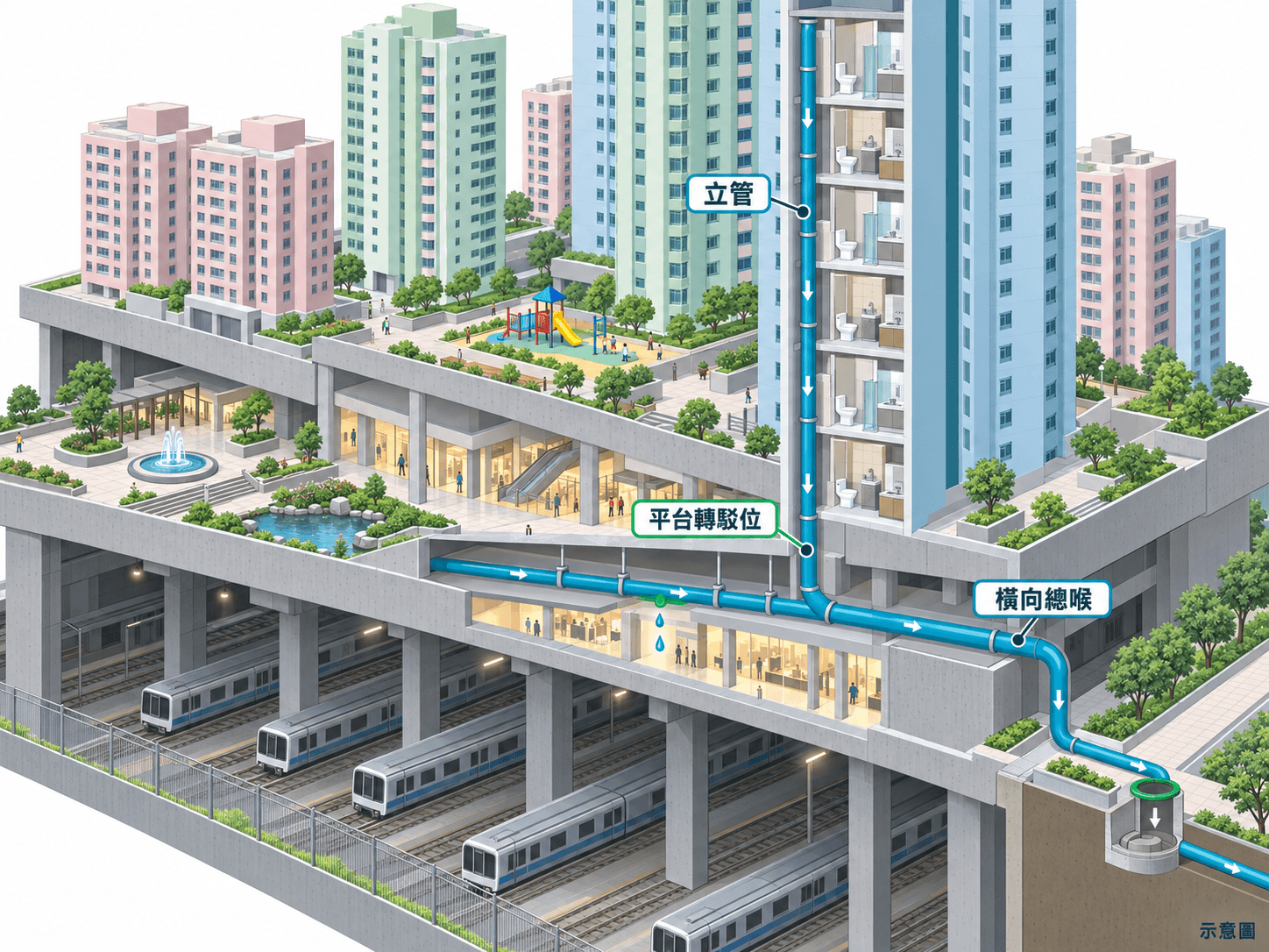 車廠平台上住宅立管喺平台層轉入橫向總喉的剖面示意圖