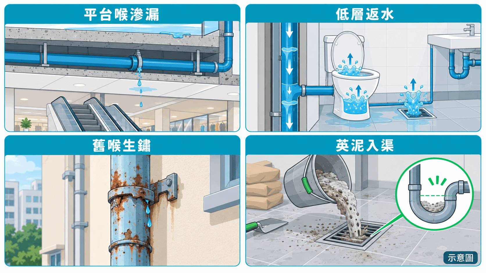 平台喉滲漏、低層返水、舊喉生鏽及裝修英泥入渠示意圖
