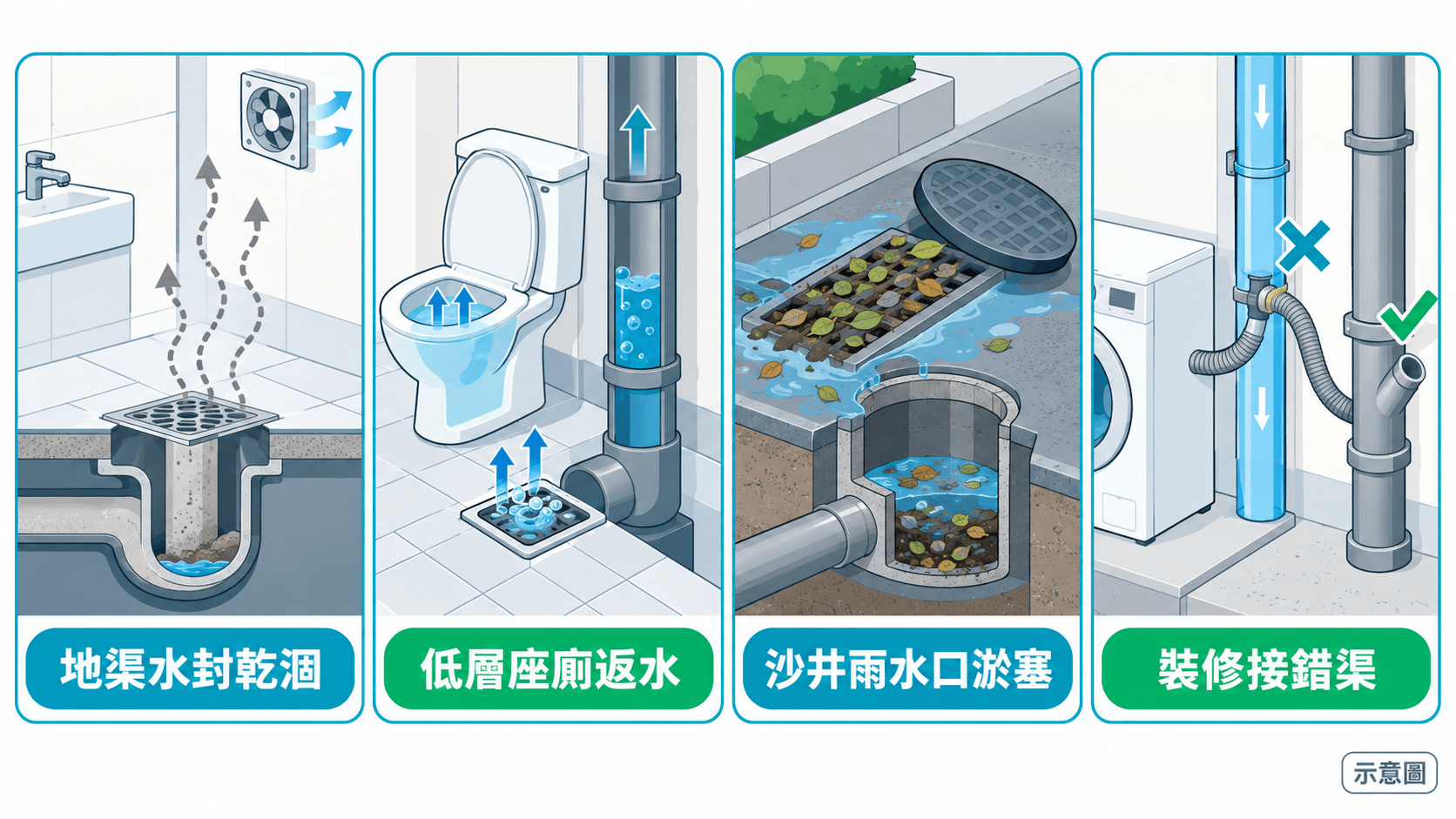 Illustration of four issues: dry floor-drain seal, low-floor backflow, overflowing manhole and misconnected renovation waste
