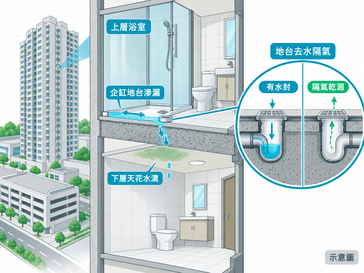 Cutaway illustration of seepage beside an upper-floor shower dripping onto the ceiling below