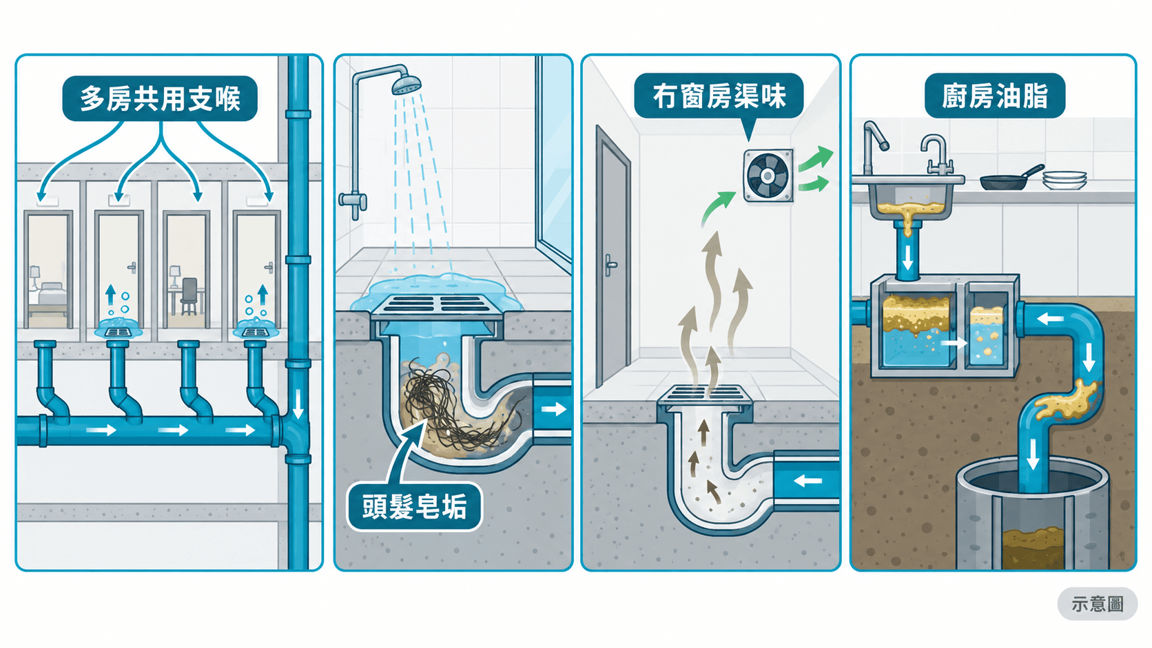 Illustration of slow room drains, shower hair, odour in windowless rooms and kitchen grease