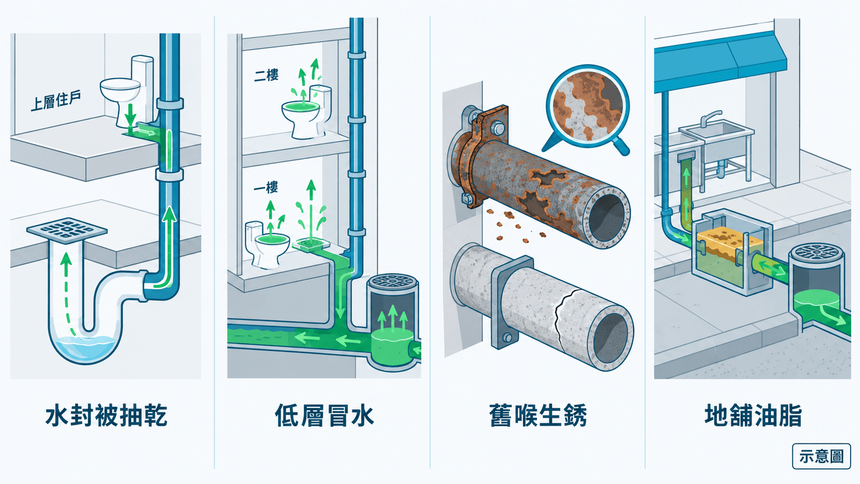 Illustration of siphoned trap seals, low-floor backflow, ageing pipes and shop grease