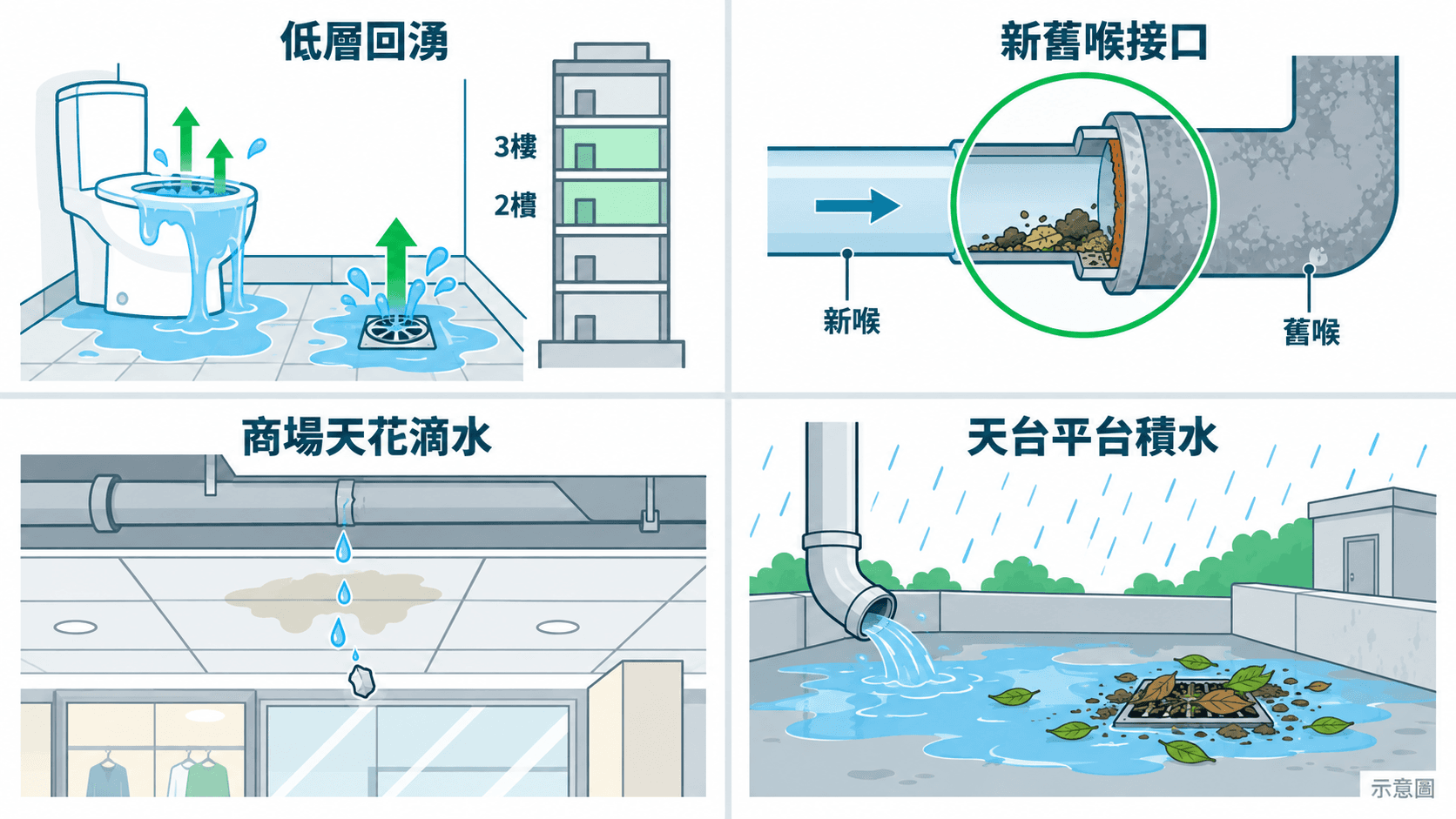 Illustration of low-floor backflow, old-to-new pipe joints, mall ceiling drips and podium ponding