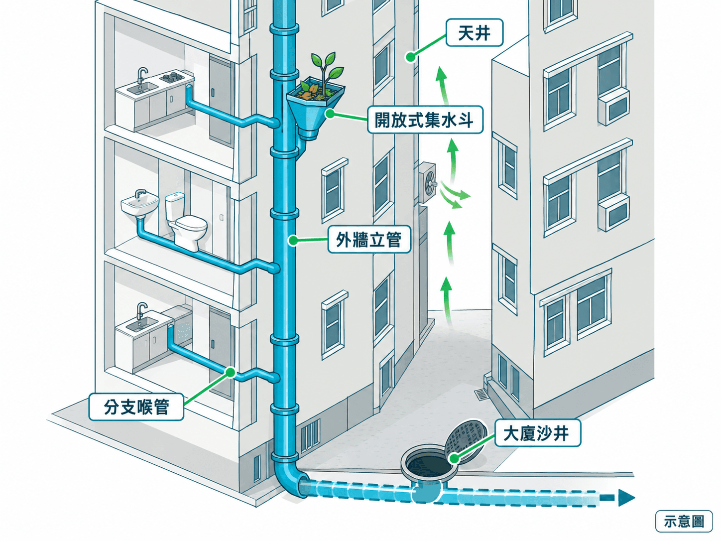 Cutaway illustration of an external stack, open waste hopper and street manhole in a back lane