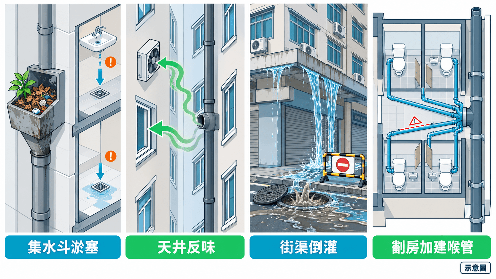 Illustration comparing a clogged hopper, light-well odour, street-sewer backflow and added pipes in sub-divided flats