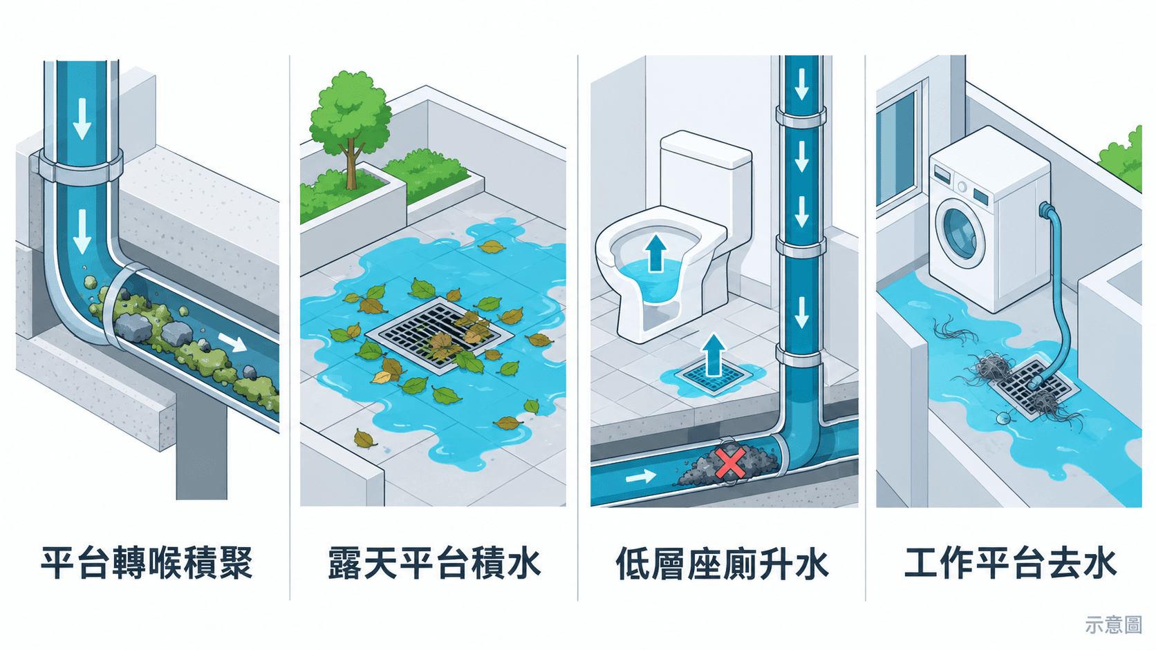 Illustration of podium transfers, podium ponding, low-floor backflow and utility-platform outlets