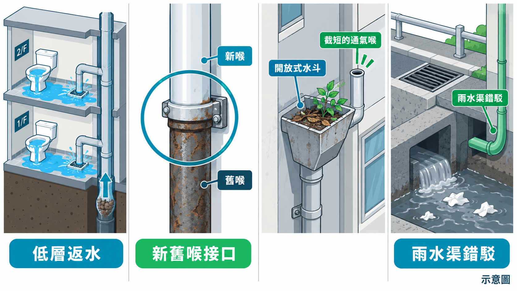 Illustration of low-floor backflow, wall hoppers, podium collector pipes and street stormwater drains