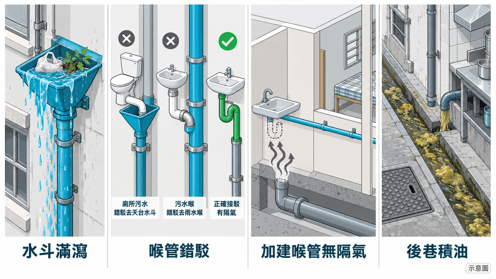 Illustration of hopper overflow, misconnected pipes, retrofitted flat pipework and back-lane grease