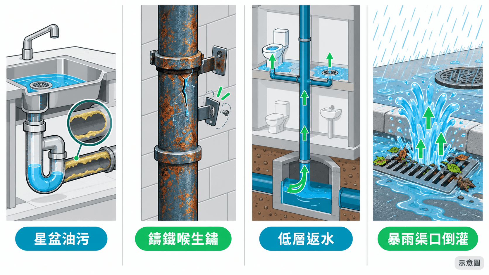 星盆油污、舊立管生鏽、低層返水同暴雨渠口倒灌四項問題的示意圖
