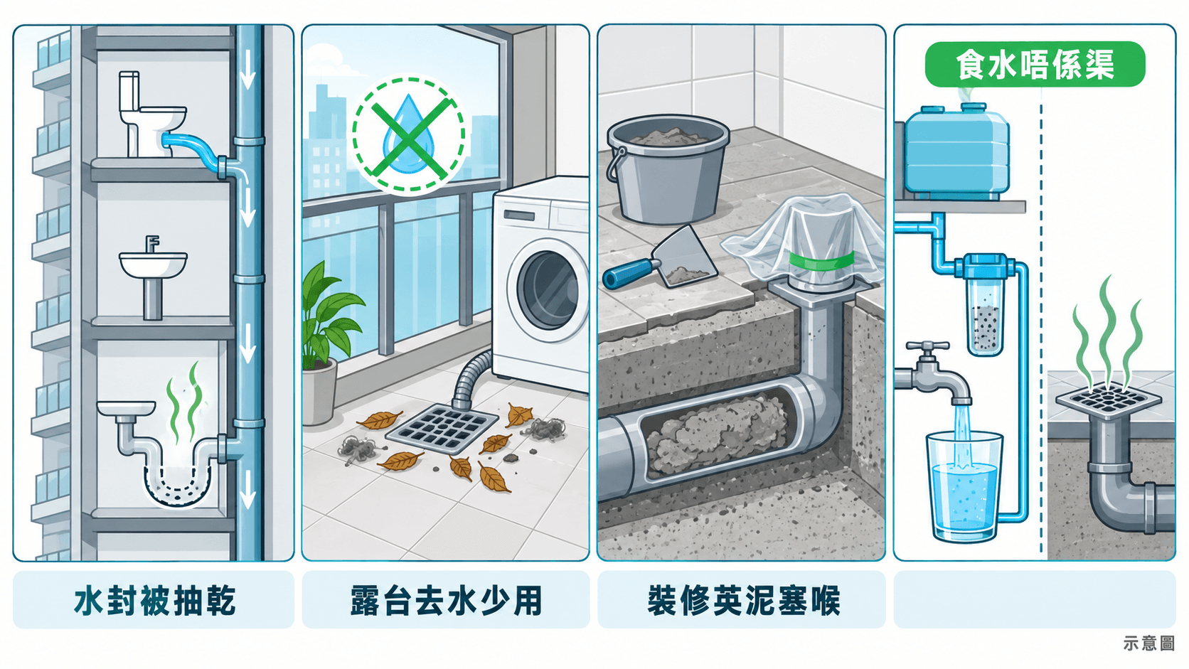 Illustration of four drain problems: dry traps, unused balcony drains, renovation cement, water supply