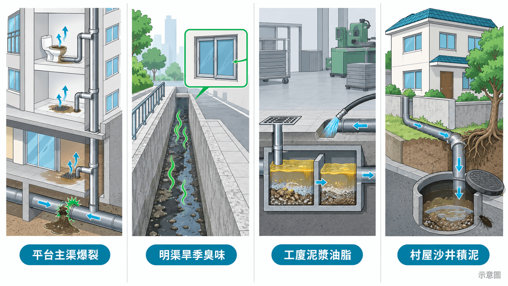 平台主渠、明渠氣味、工廈泥漿油脂同村屋沙井四類問題示意圖