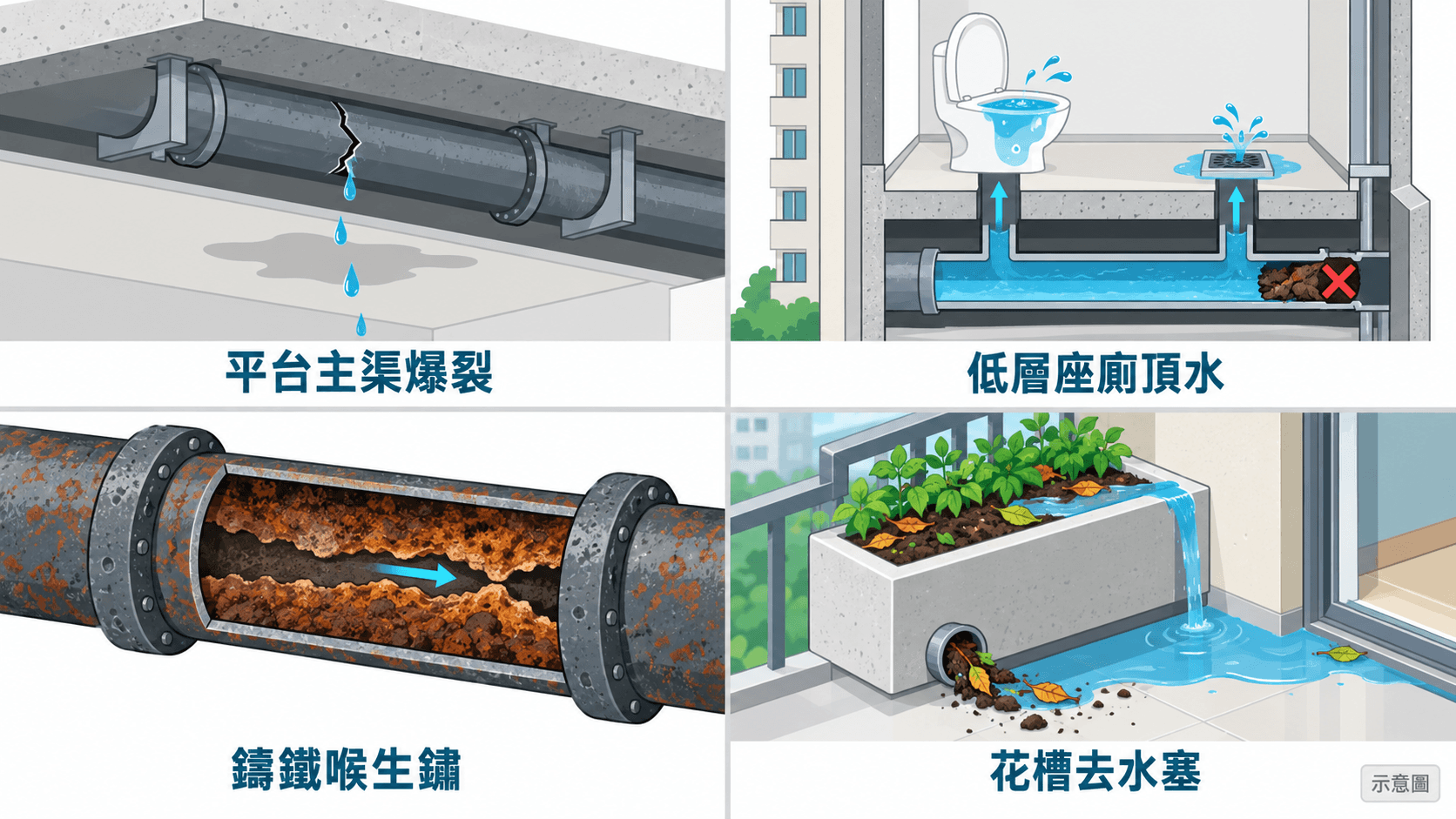 平台主渠爆裂、低層頂水、鑄鐵喉生鏽同花槽塞渠示意圖