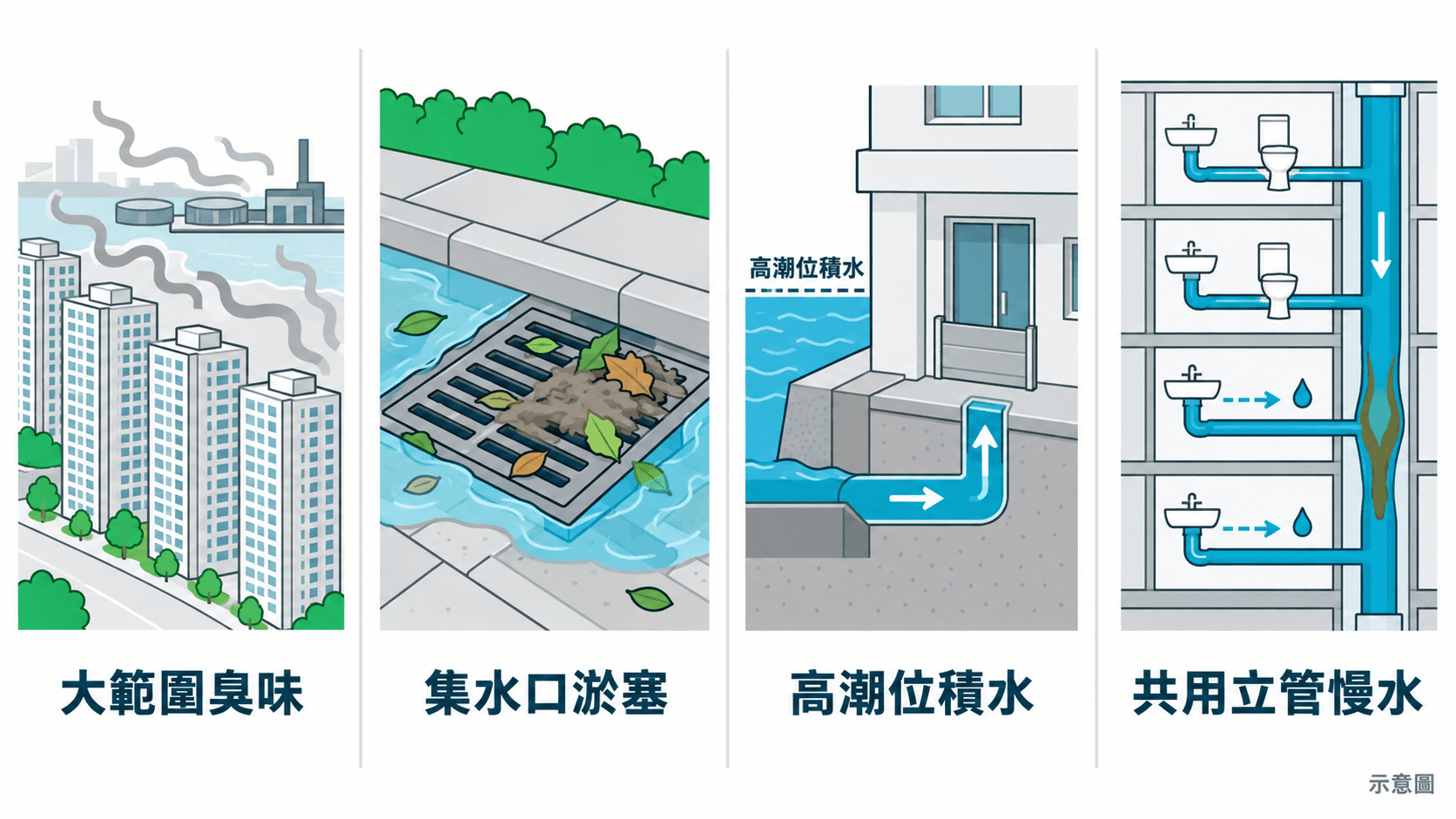 Illustration of area-wide odour, a choked catchpit, high-tide ponding and a shared stack