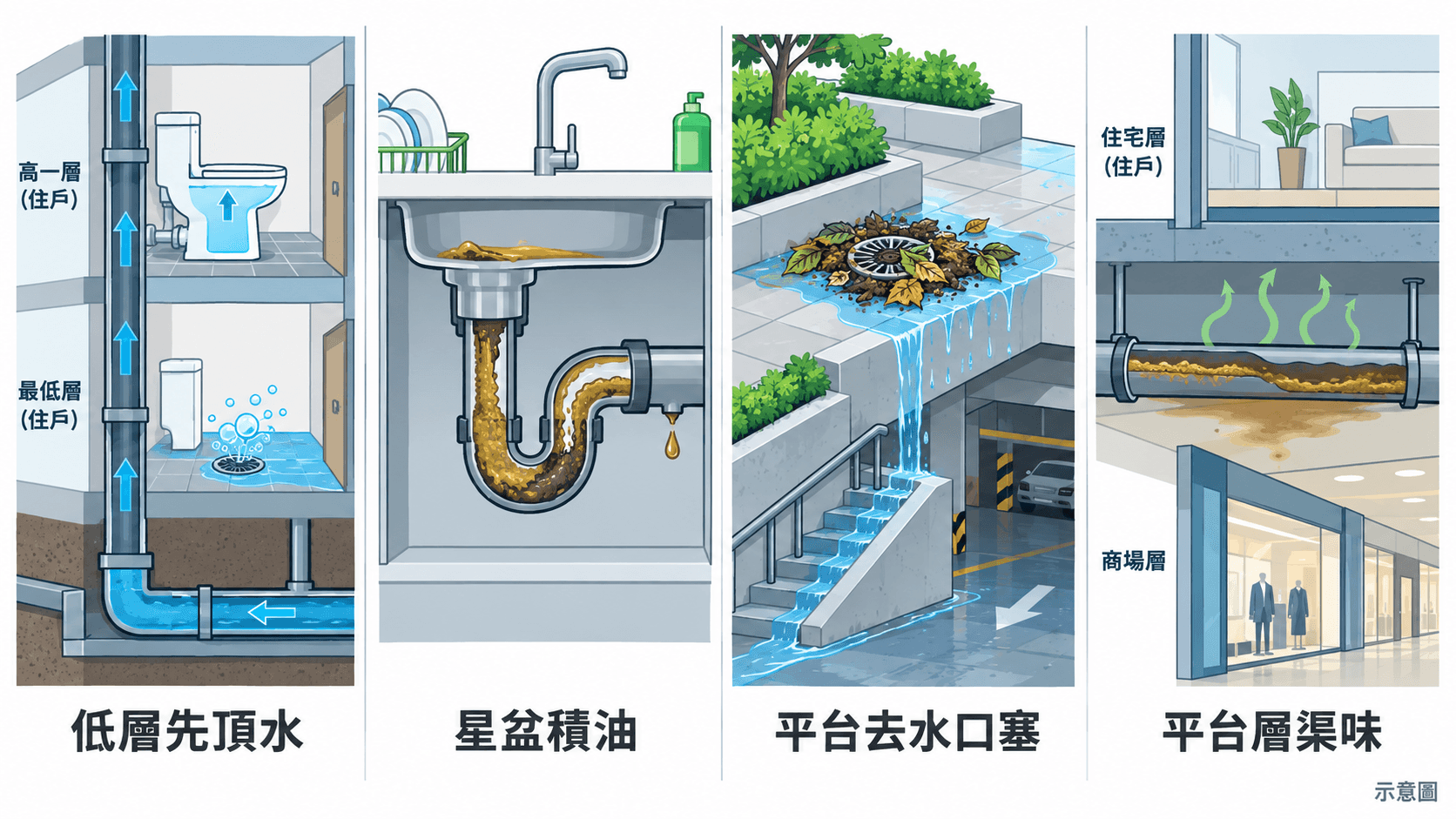 平台上蓋屋苑四個常見渠務問題的對比示意圖