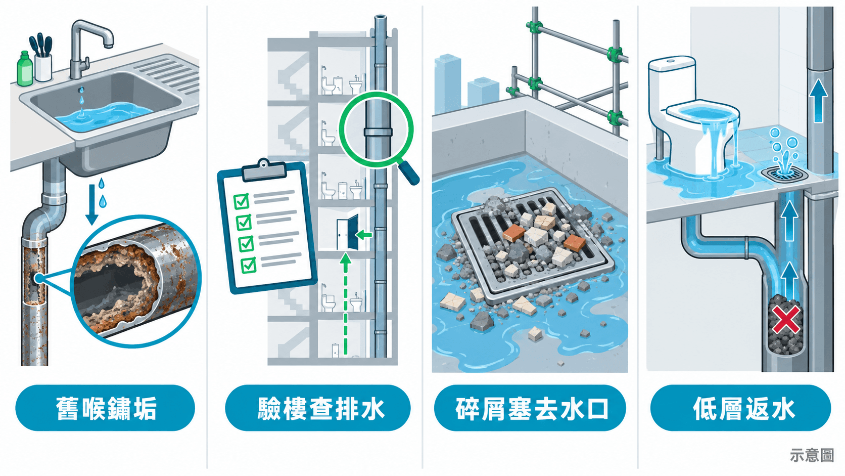 舊喉去水慢、驗樓排水系統、外牆碎屑塞去水口同低層返水示意圖