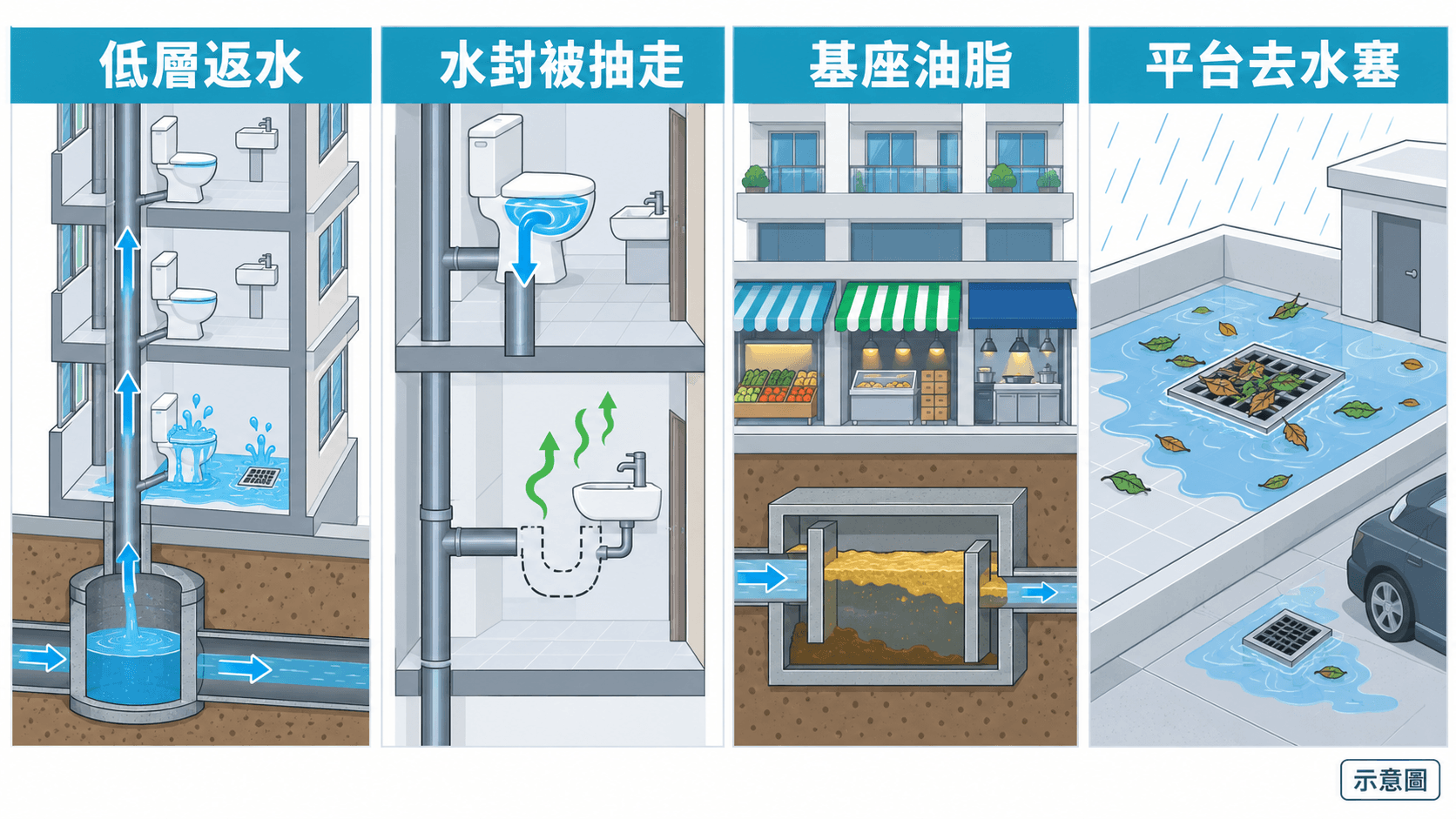 Four-panel illustration of low-floor backflow, a lost water seal, podium grease and blocked platform drains
