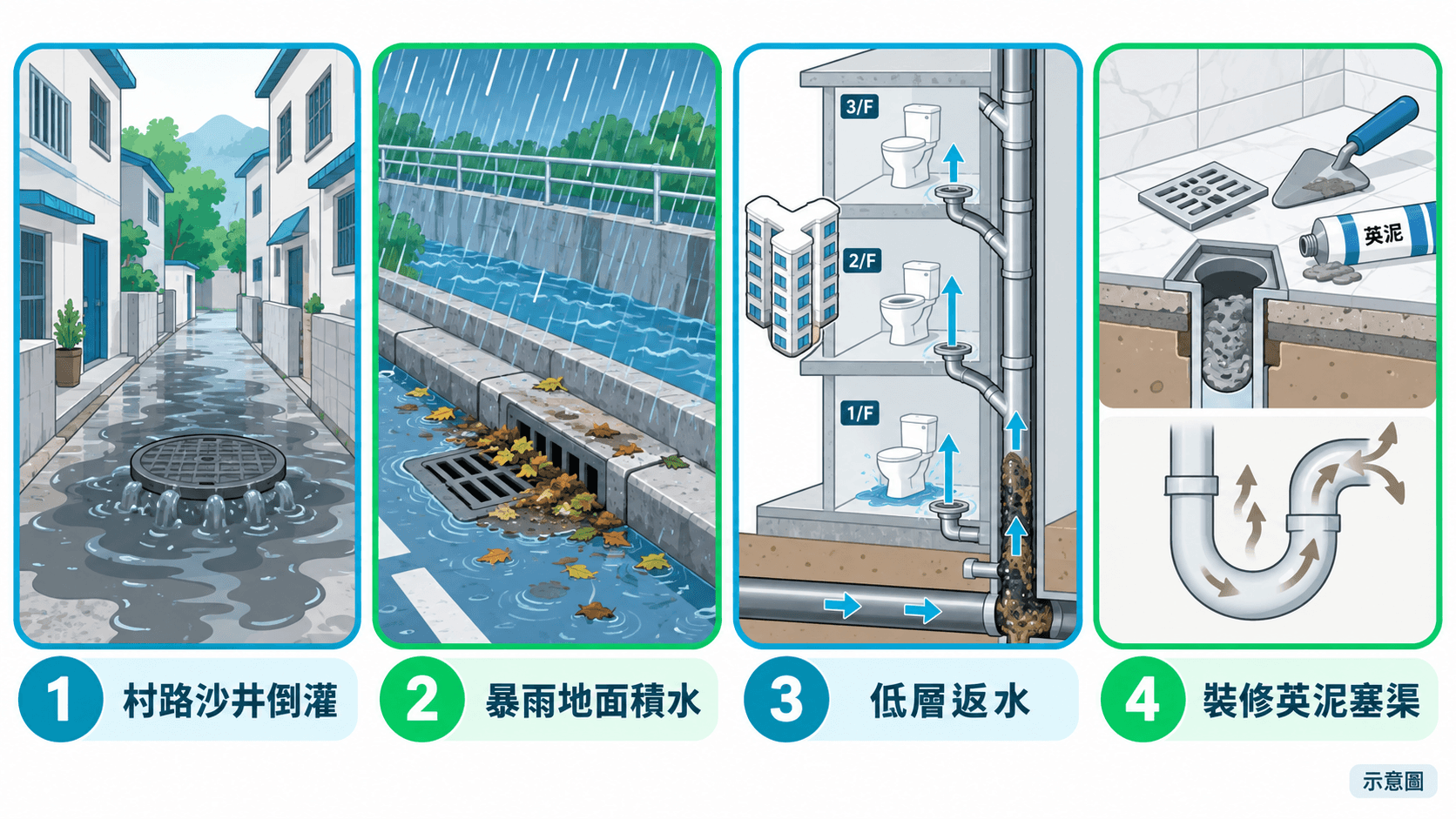 大圍四類渠務問題示意圖:村路沙井倒灌、暴雨地面積水、低層返水、裝修英泥