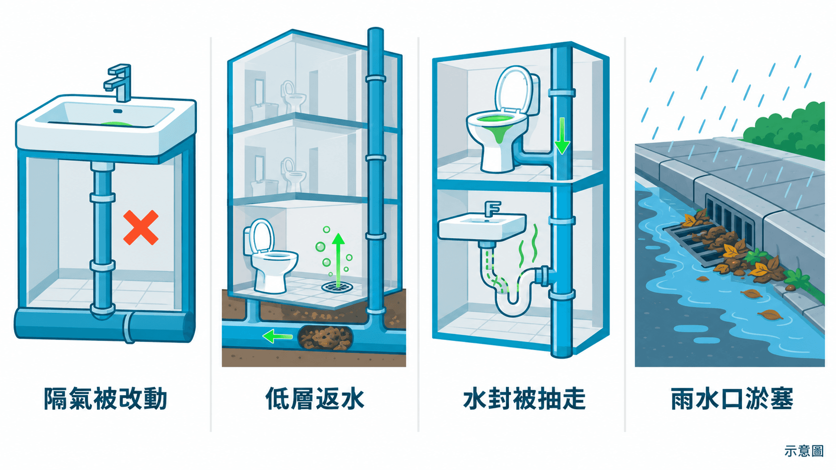 Illustration of four drain problems: altered traps, low-floor backflow, lost water seals, choked street gullies