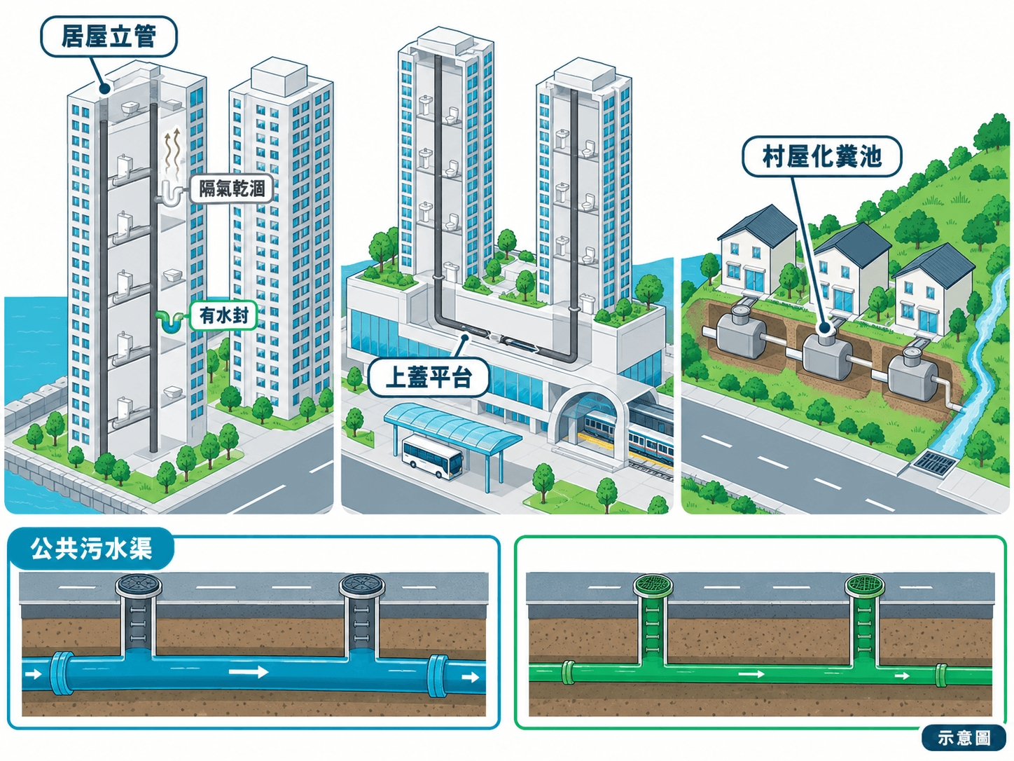 Cutaway illustration of Hang Hau courts, podium towers and hillside village houses sharing buried drains