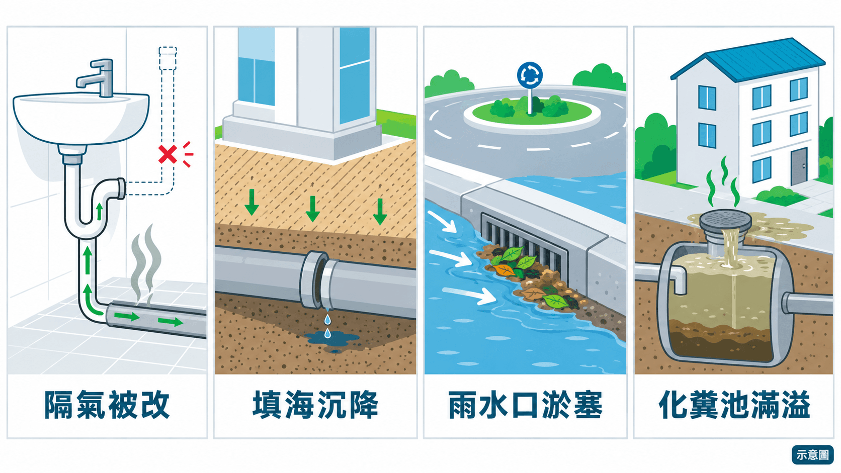 Illustration of four Hang Hau drain problems: altered traps, settlement, choked gullies, septic overflow