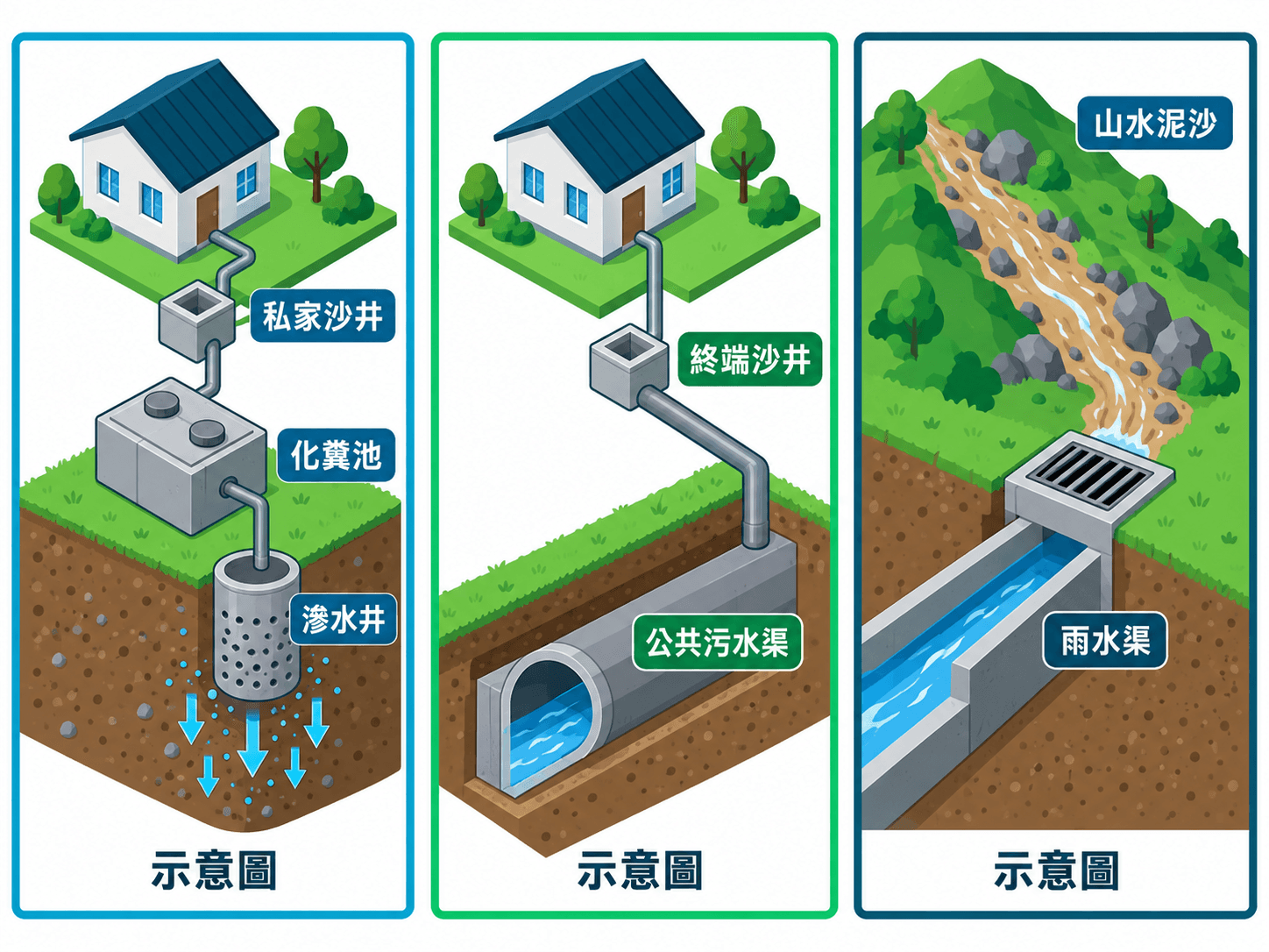 Cutaway illustration of a village house septic tank and terminal manhole joining a public sewer