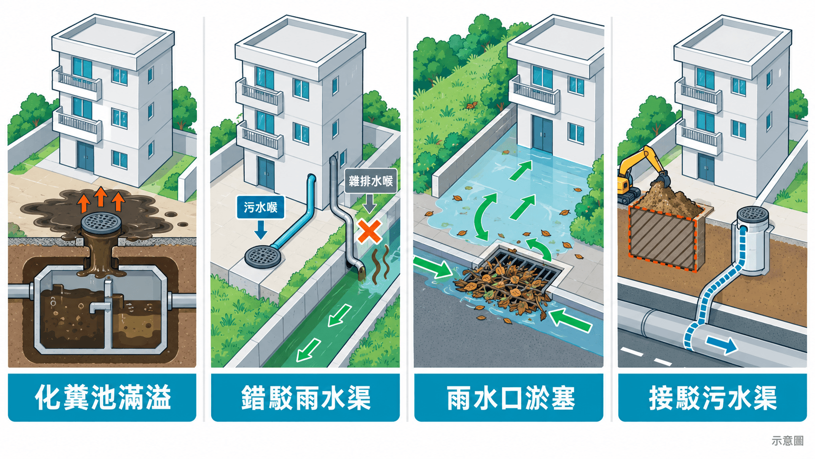 Illustration of four village drain problems: septic overflow, wrong connection, choked gully, sewer connection