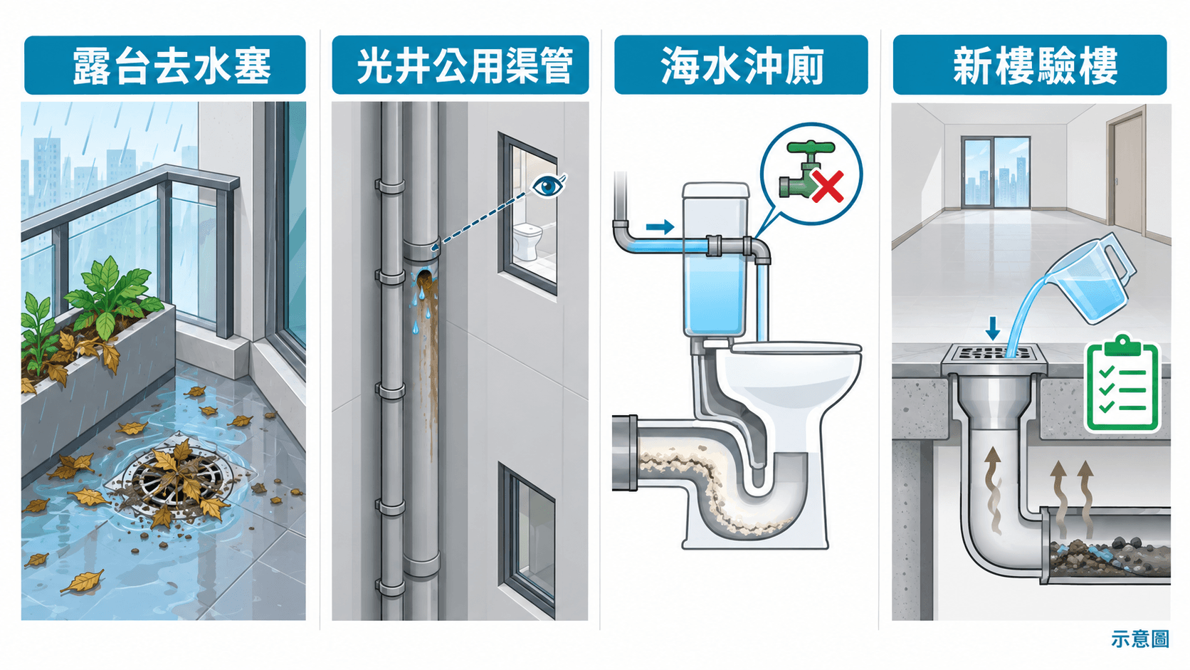 Illustration of four issues: blocked balcony drain, light-well pipes, seawater flushing and new-build rectification