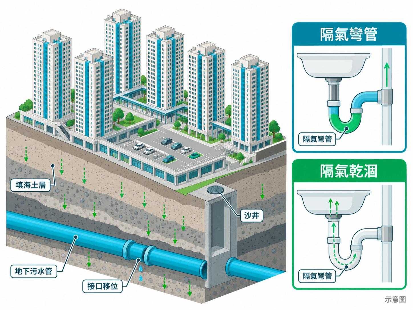 Cutaway illustration of six court towers, a car park and the buried shared sewer