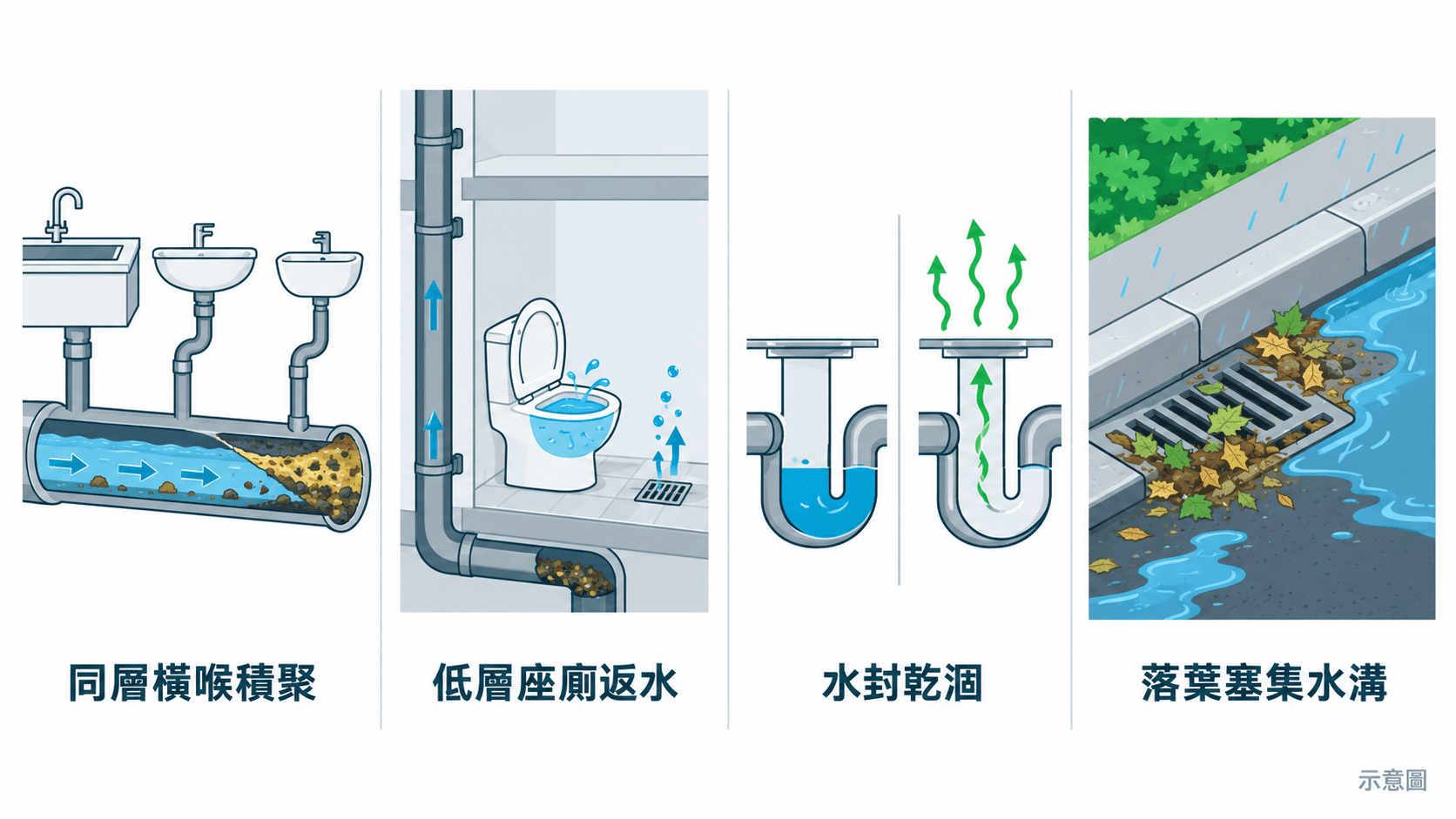 Illustration of four issues: horizontal-run build-up, low-floor backflow, dry trap seal and a leaf-clogged gully
