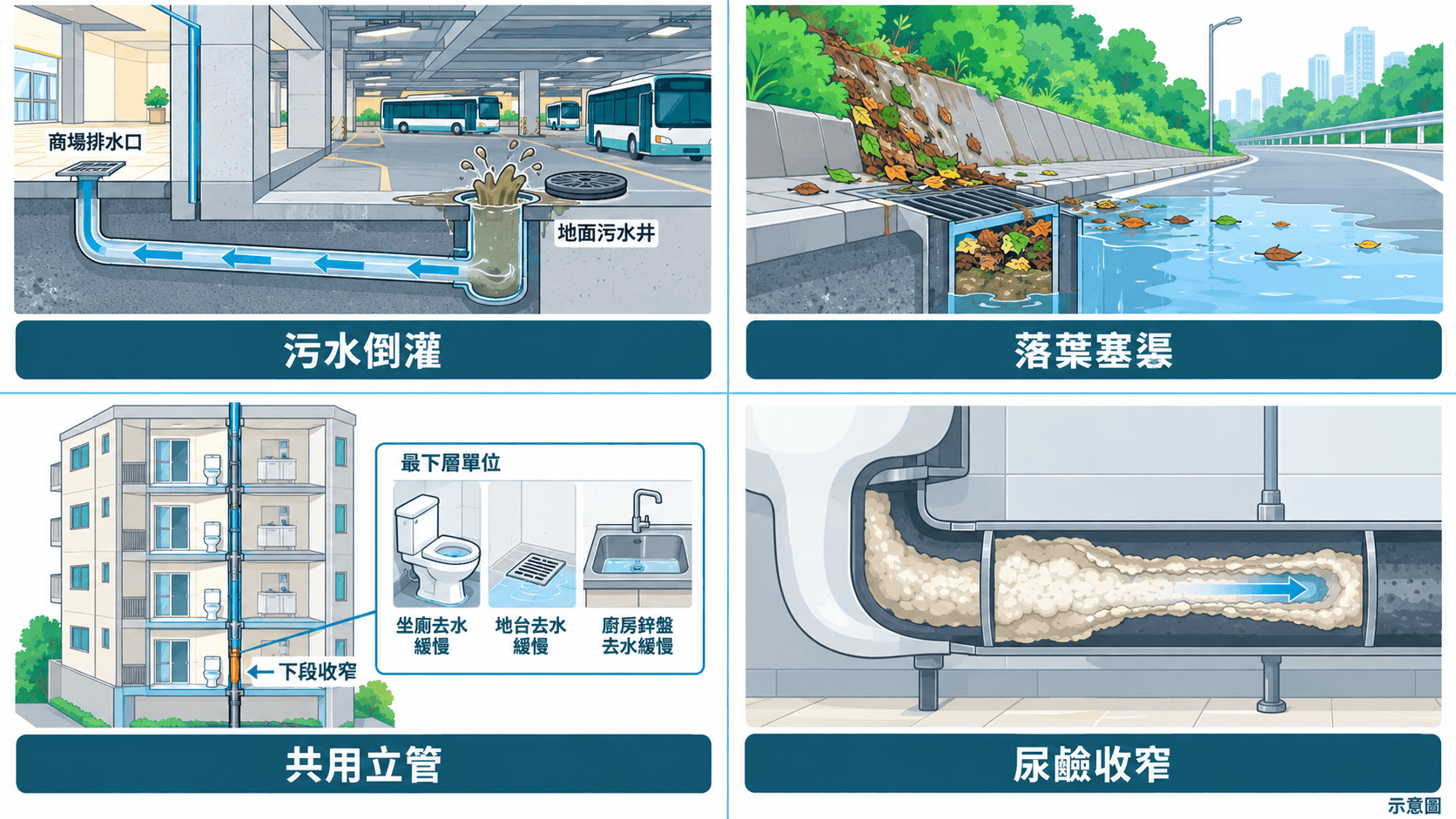 Illustration of backflow, a leaf-choked catchpit, a shared stack and a scaled pipe