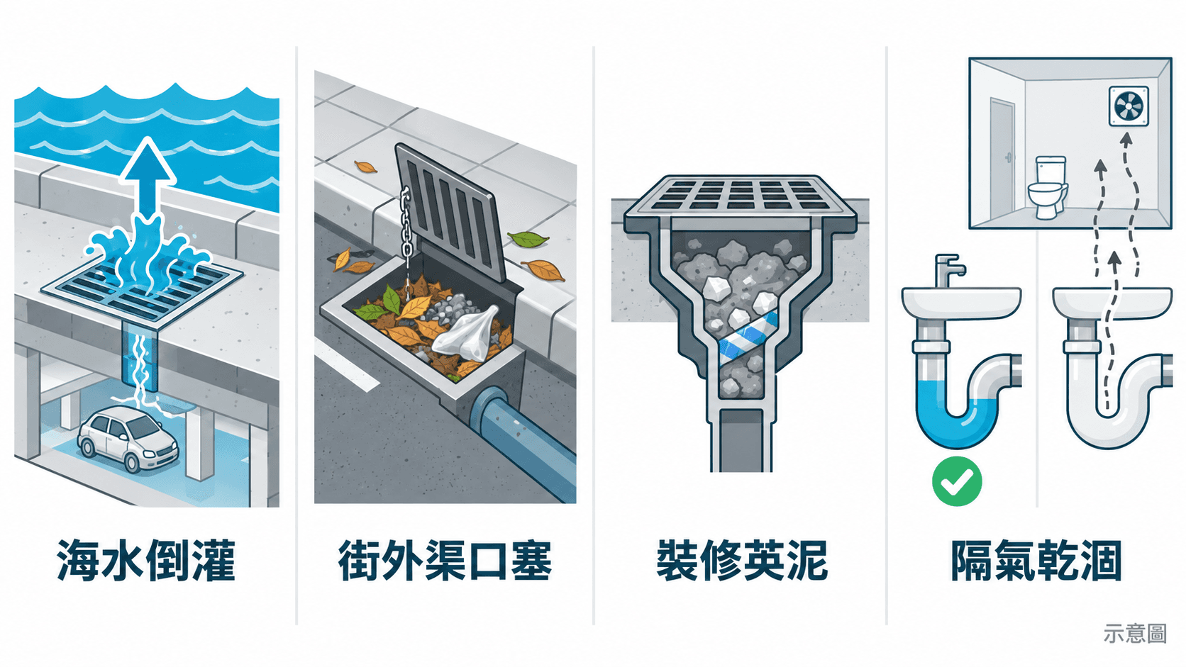 Illustration comparing basement backflow, blocked street gullies, cement in new drains and a dried-out trap