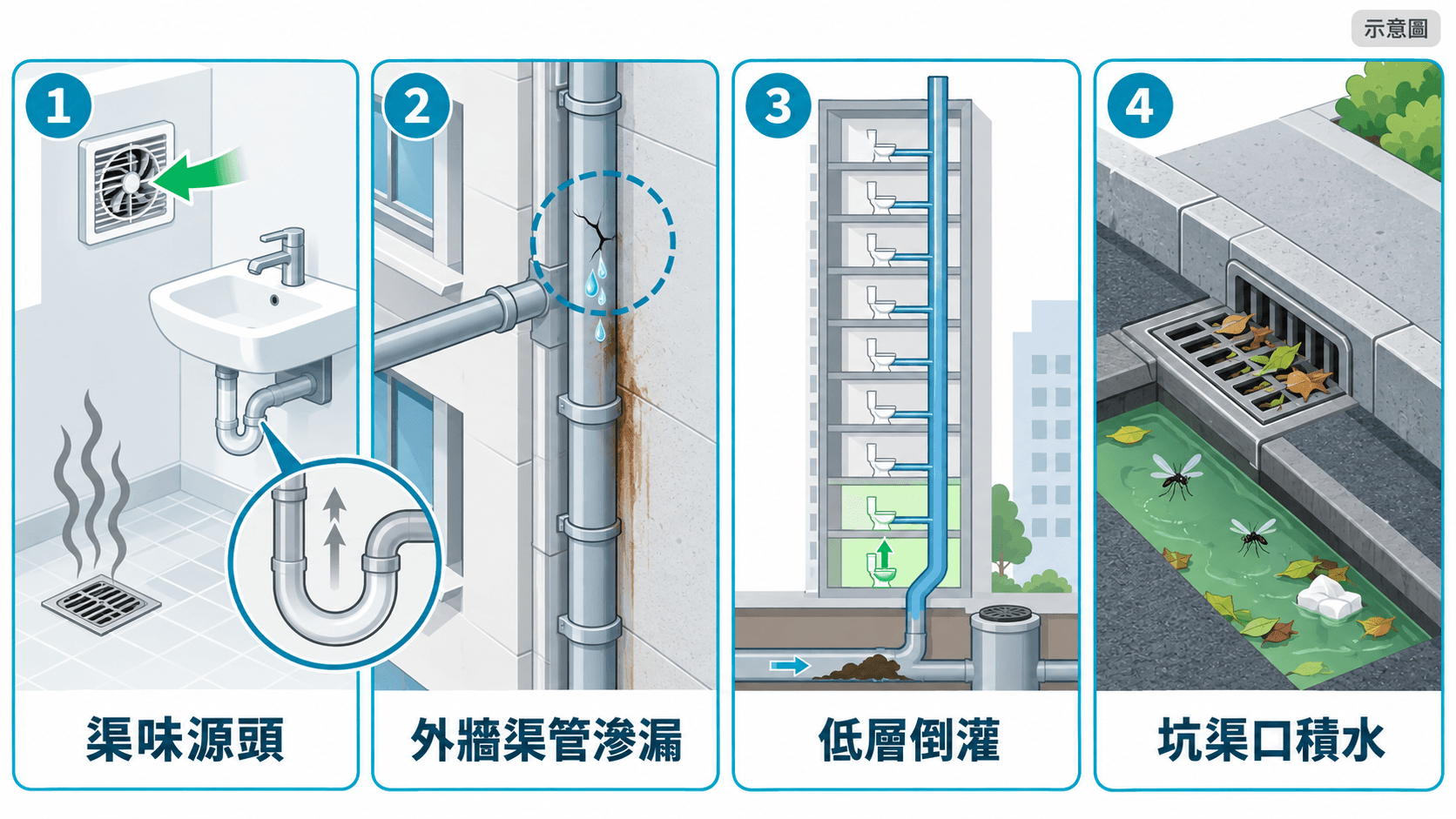Illustration of odour tracing, external pipe leaks, low-floor backflow and a choked gully