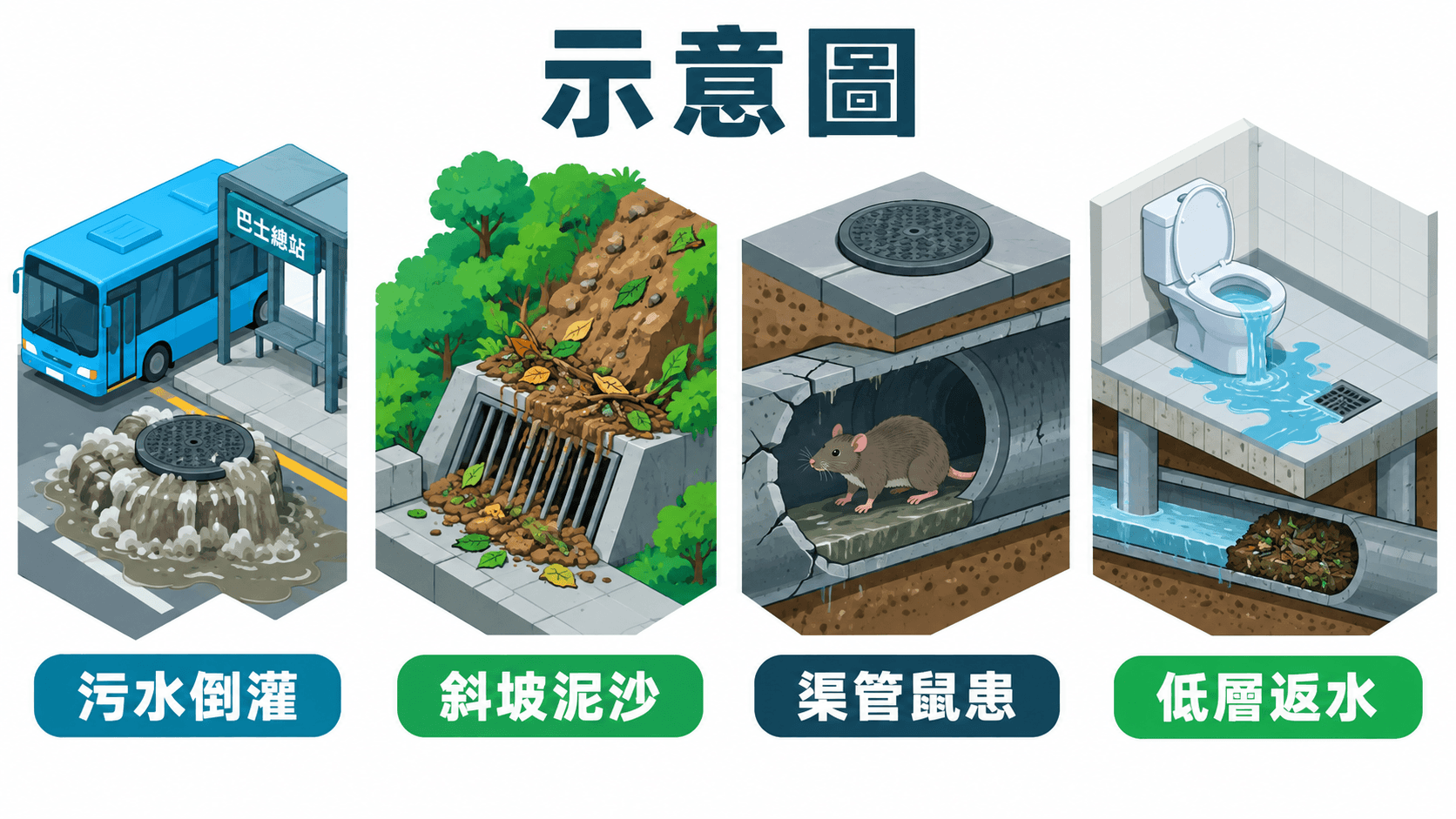 Illustration of four issues: backflow, slope silt, rats in drains and low-floor backing up